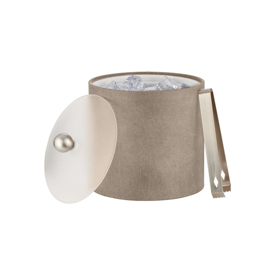 Taupe | Sleek 3qt leatherette ice bucket with acrylic cover and brushed stainless Astro knob, ideal for enhancing guestroom decor.