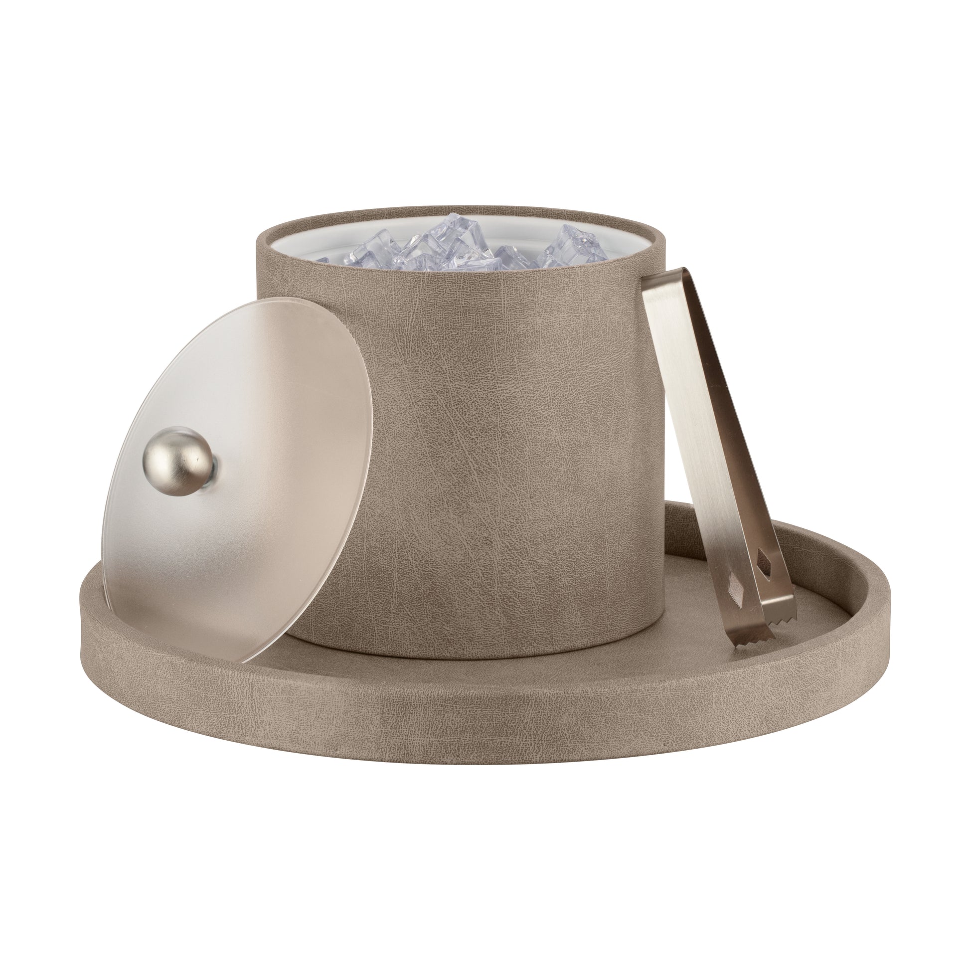 Taupe | Core 3qt Leatherette Ice Bucket with acrylic cover and brushed stainless Astro knob, offering a contemporary design for hospitality spaces.