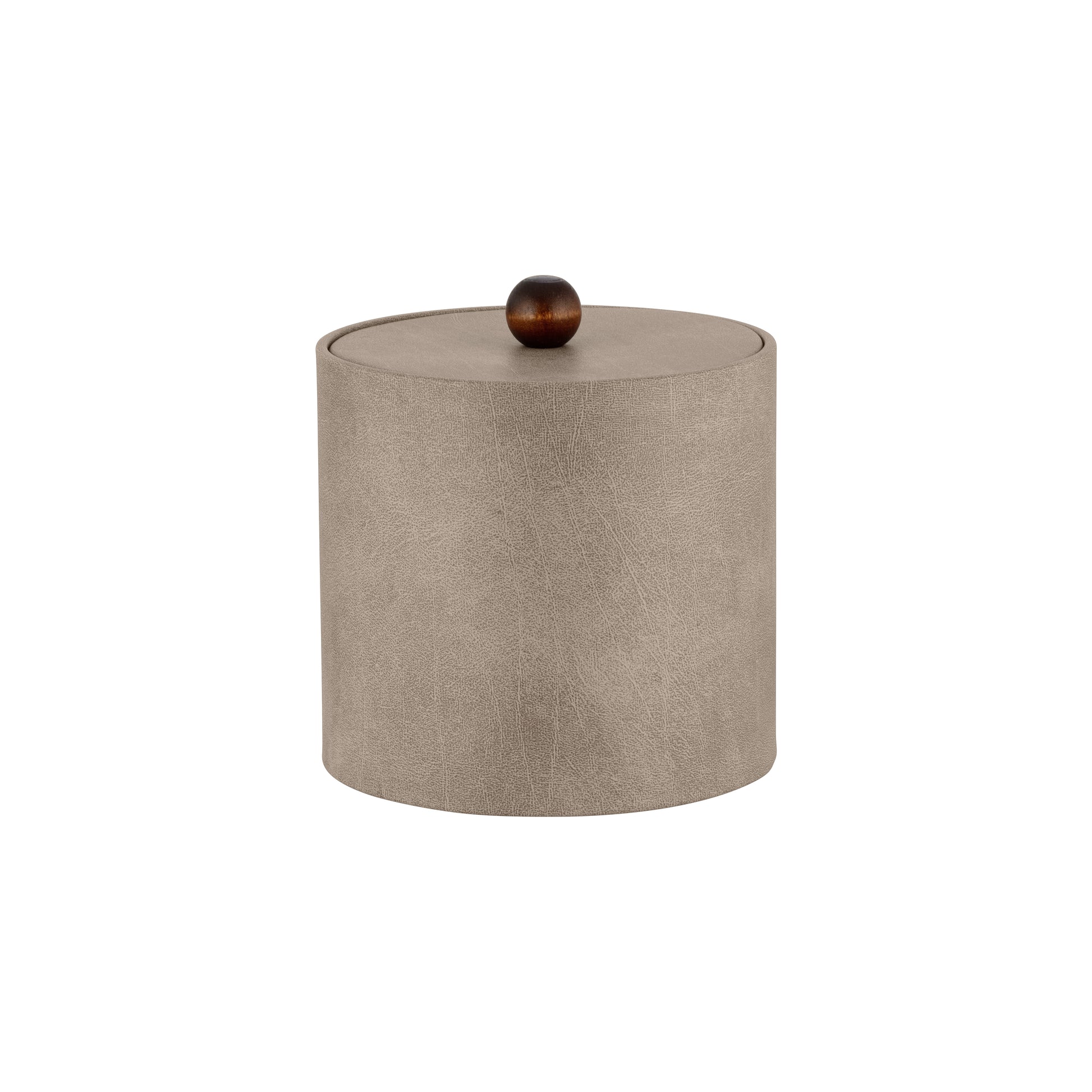 Taupe | Elegant 3qt leatherette ice bucket with a matching material cover and warm brown wood ball knob for a refined touch.