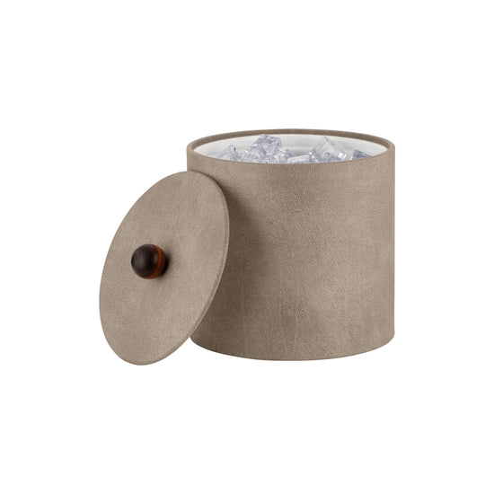 Taupe | Core 3qt Leatherette Ice Bucket, combining a sleek leatherette exterior, material cover, and brown wood ball knob.