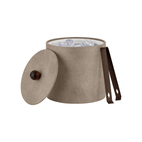 Taupe | Sophisticated 3qt leatherette ice bucket with a durable material cover and brown wood ball knob, ideal for guestroom decor.