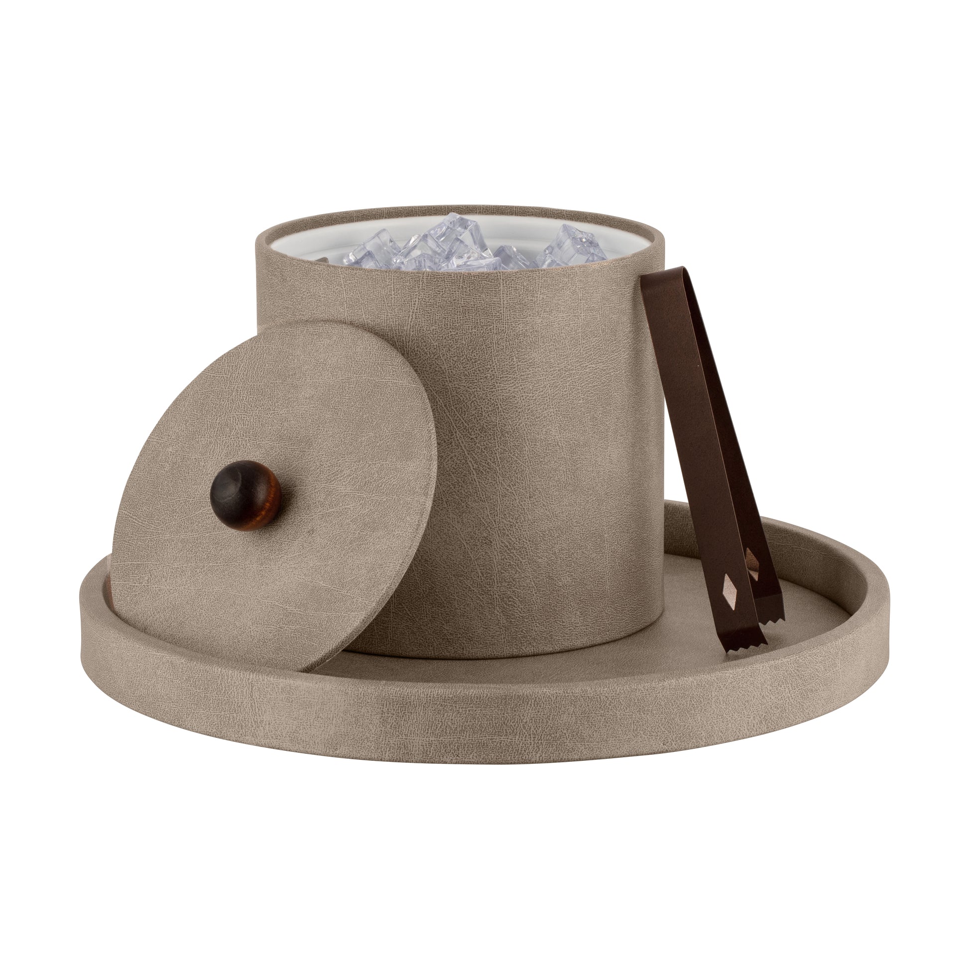 Taupe | Core 3qt Leatherette Ice Bucket with a material cover and brown wood ball knob, offering style and practicality for hospitality spaces.