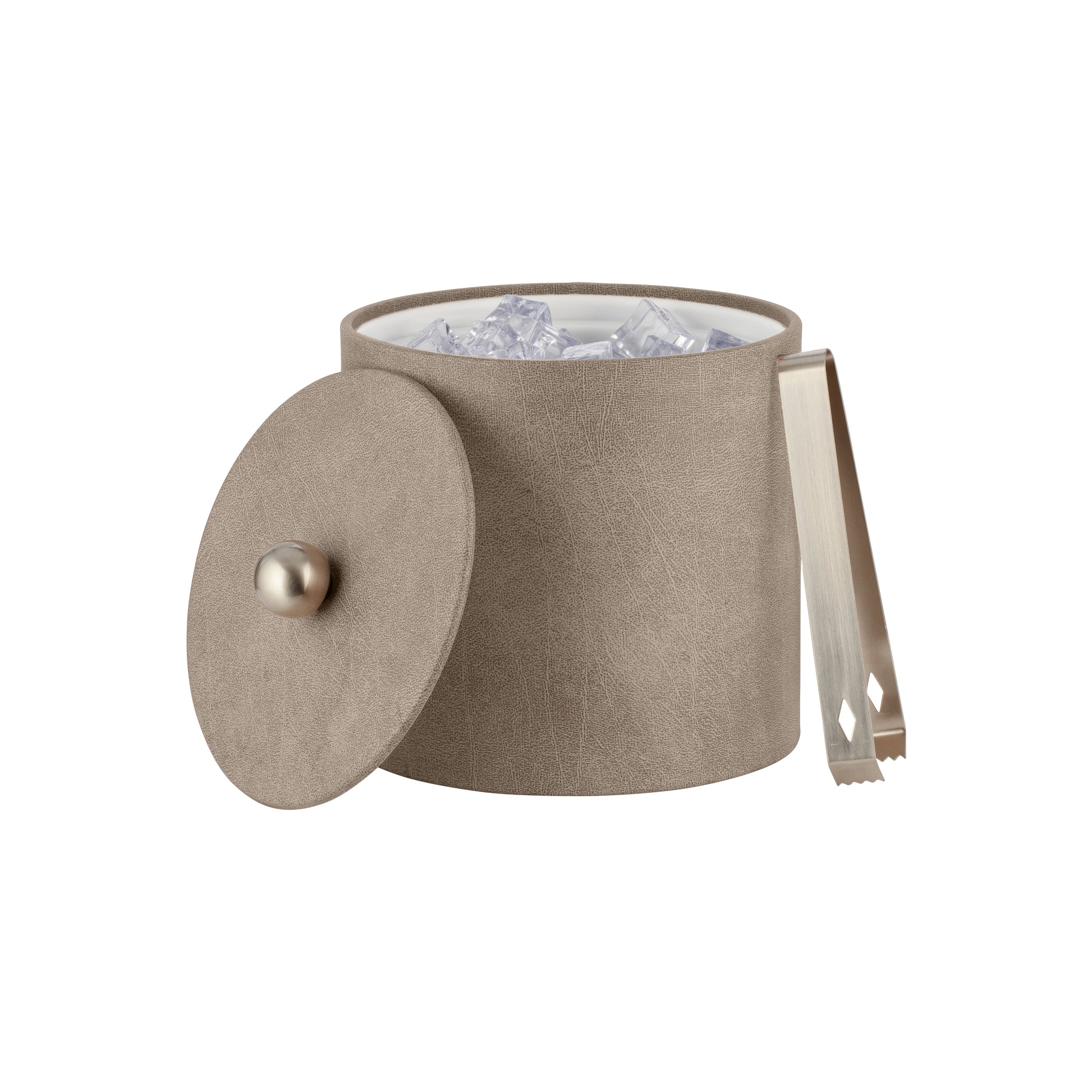 Taupe | Luxury Core Collection 3qt Ice Bucket, wrapped in premium leatherette with a coordinating material cover and brushed stainless Astro knob, adding elegance to any hotel space.