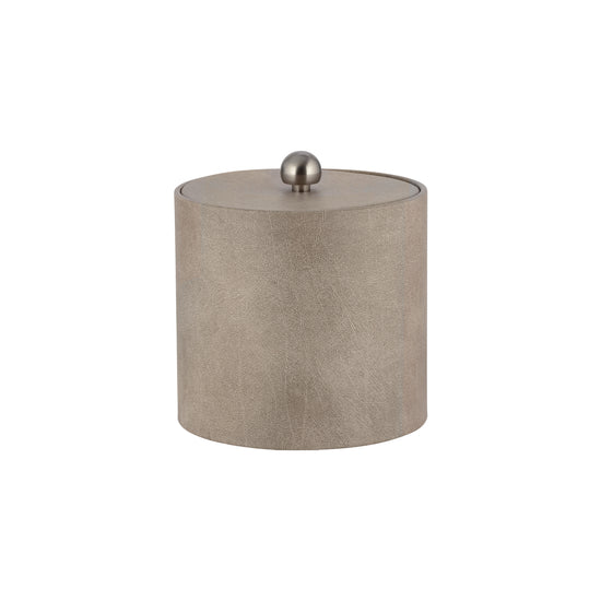 Taupe | Core 3qt Leatherette Ice Bucket with a matching material cover and brushed stainless Astro knob, designed for stylish and functional hotel guest rooms.