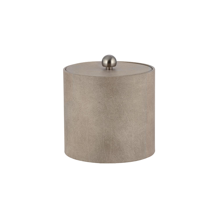 Taupe | Core 3qt Leatherette Ice Bucket with a matching material cover and brushed stainless Astro knob, designed for stylish and functional hotel guest rooms.