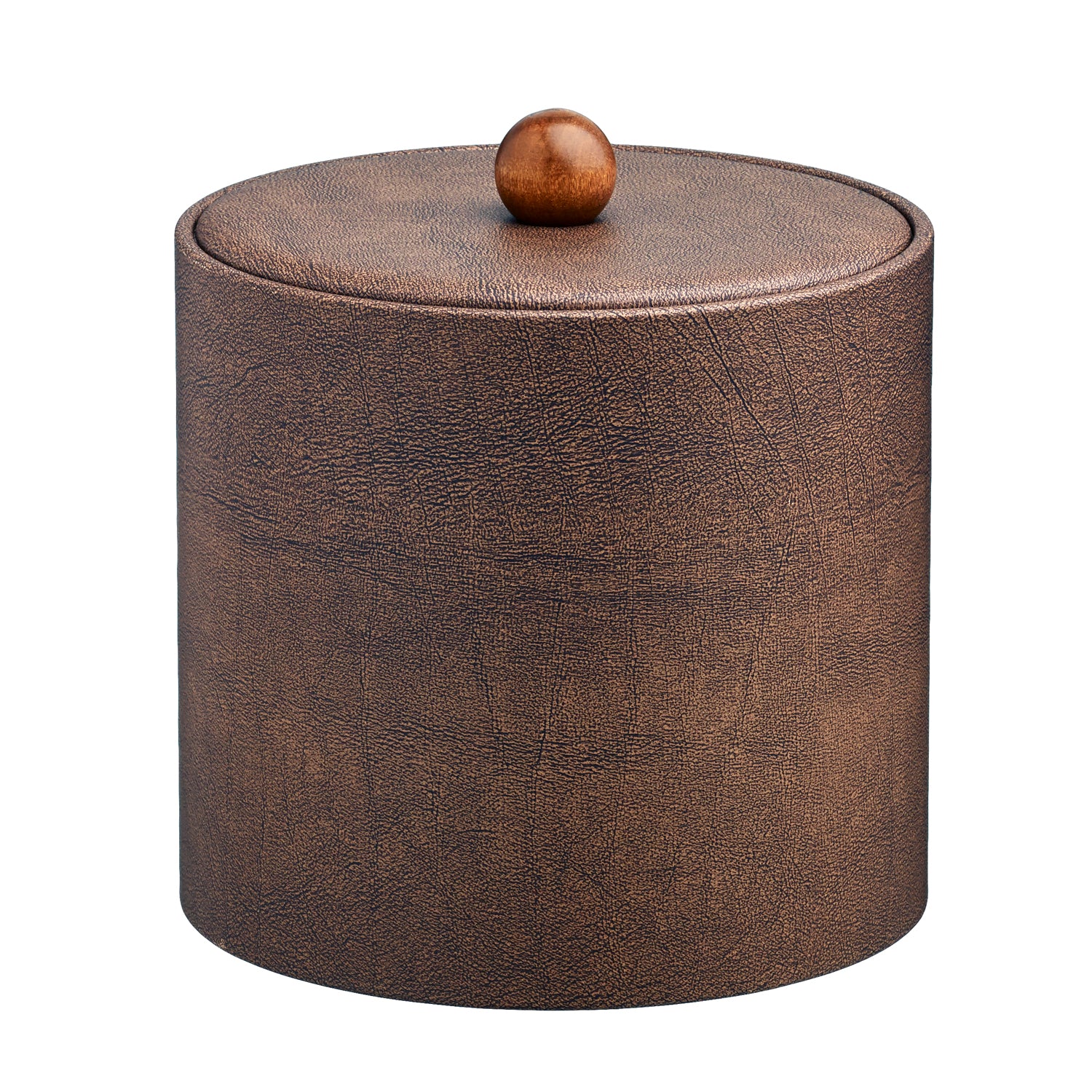 Coffee Italia | Sophisticated Core 3qt leatherette ice bucket with a sleek material cover and brown wood ball knob, perfect for high-end hospitality use.