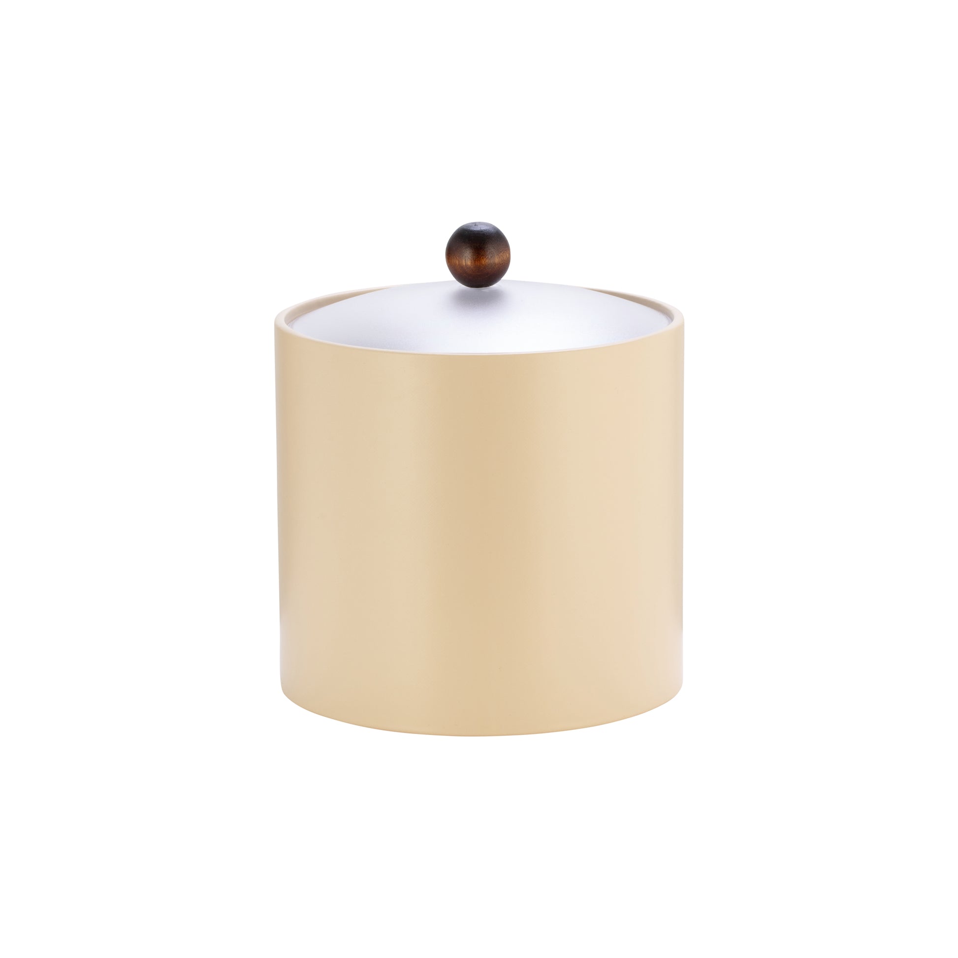 Off White | Elegant 3qt leatherette ice bucket featuring a clear acrylic lid and natural brown wood ball knob, perfect for guestroom use.