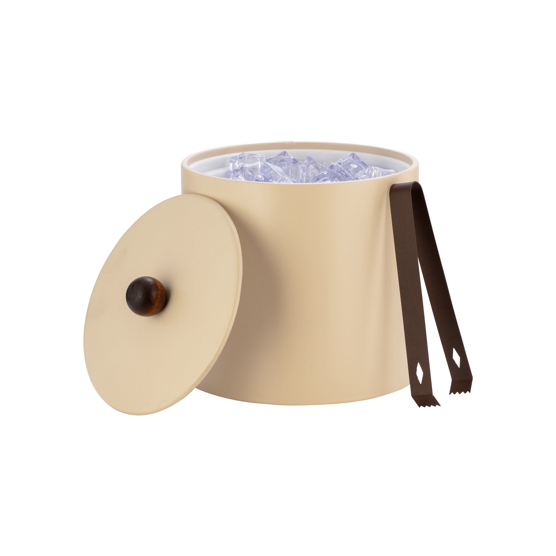 Off White | Durable 3qt leatherette ice bucket with material cover and brown wood ball knob, perfect for enhancing guestroom aesthetics.