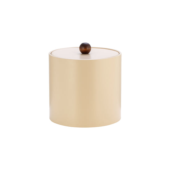 Off White | Modern 3qt leatherette ice bucket featuring a coordinating material cover and brown wood ball knob for an elegant look.