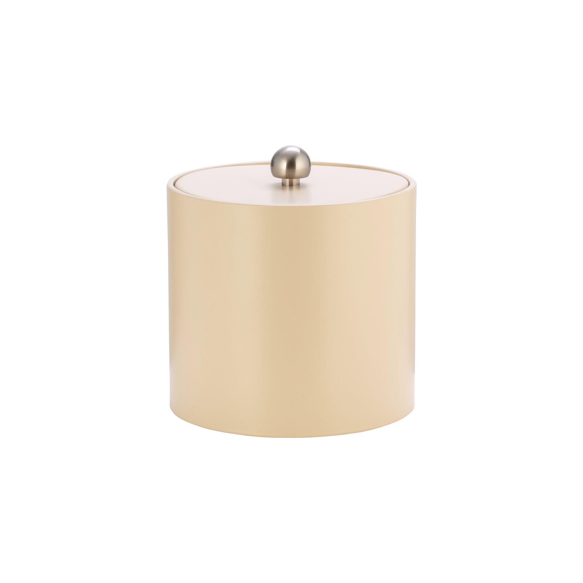 Off White | Core 3qt Leatherette Ice Bucket with a matching material cover and brushed stainless Astro knob, offering a sleek and modern touch to hotel guest rooms.