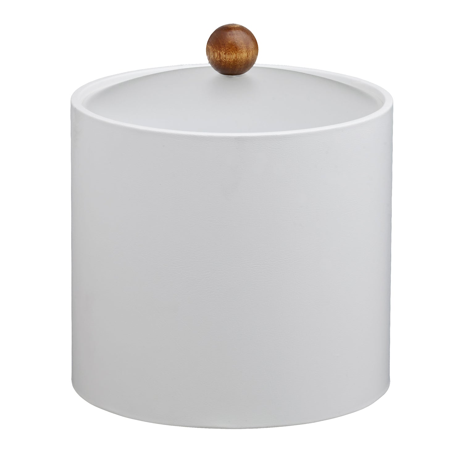 Ivory | Core 3qt leatherette ice bucket with a sleek acrylic cover and a brown wood ball knob, adding a modern touch to hospitality decor.