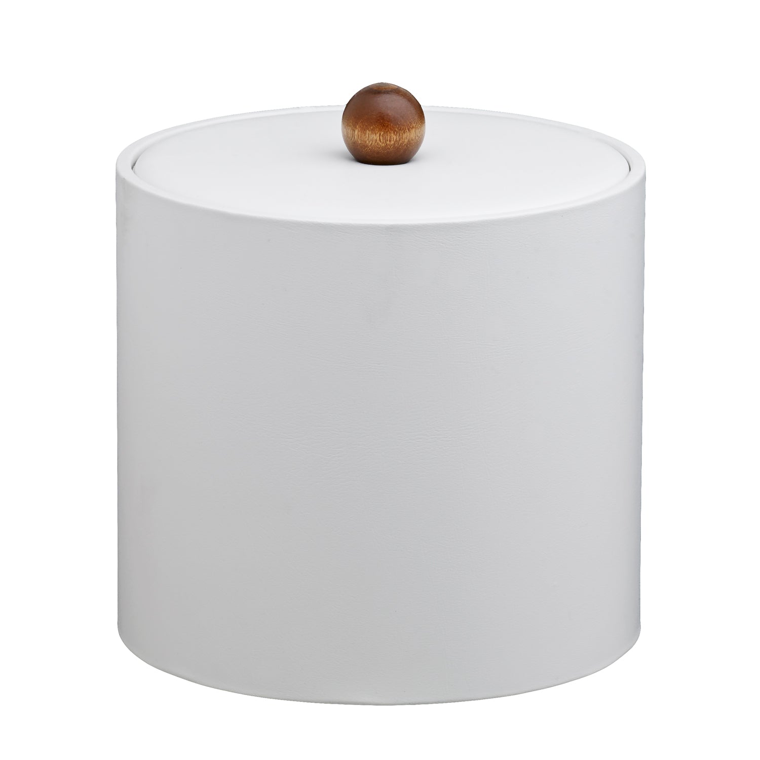 Ivory | Core 3qt leatherette ice bucket with a matching material cover, accented by a smooth brown wood ball knob, perfect for hospitality settings.