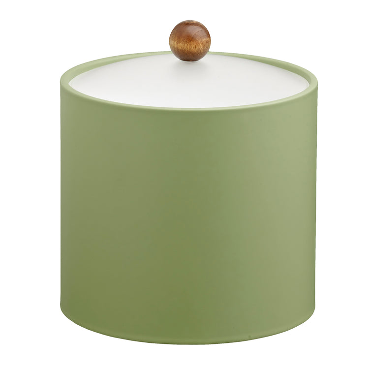 Mist Green | Sleek 3qt leatherette ice bucket from the Core collection, featuring a clear acrylic cover and brown wood ball knob for a contemporary touch.