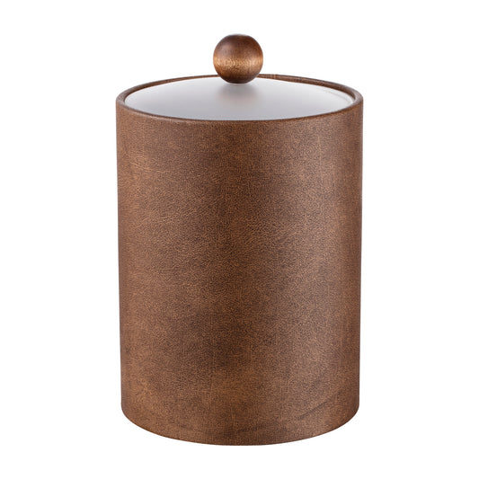 Walnut | Core Tall Leatherette Ice Bucket with an acrylic cover and a brown wood ball knob, perfect for guestroom use.