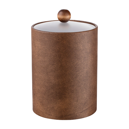 Walnut | Core Tall Leatherette Ice Bucket with an acrylic cover and a brown wood ball knob, perfect for guestroom use.