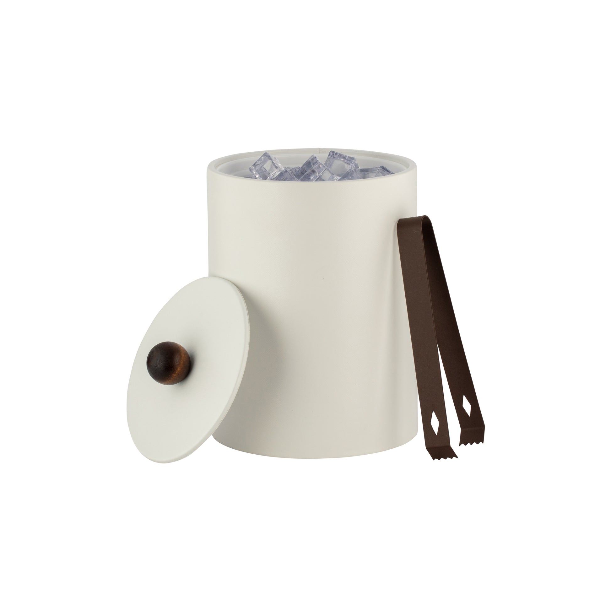 French White | Sleek Core Tall Leatherette Ice Bucket with durable material cover and brown wood ball knob, designed for modern hospitality spaces.