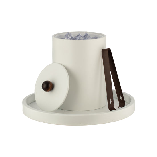 French White | Core Tall Leatherette Ice Bucket with a matching material cover and brown wood ball knob, ideal for enhancing guestroom aesthetics.