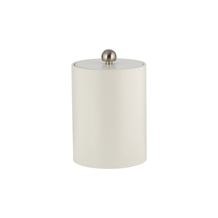 French White | Core Tall Leatherette Ice Bucket with a matching material cover and brushed stainless Astro knob, offering a sleek and modern touch for hotel guest rooms.