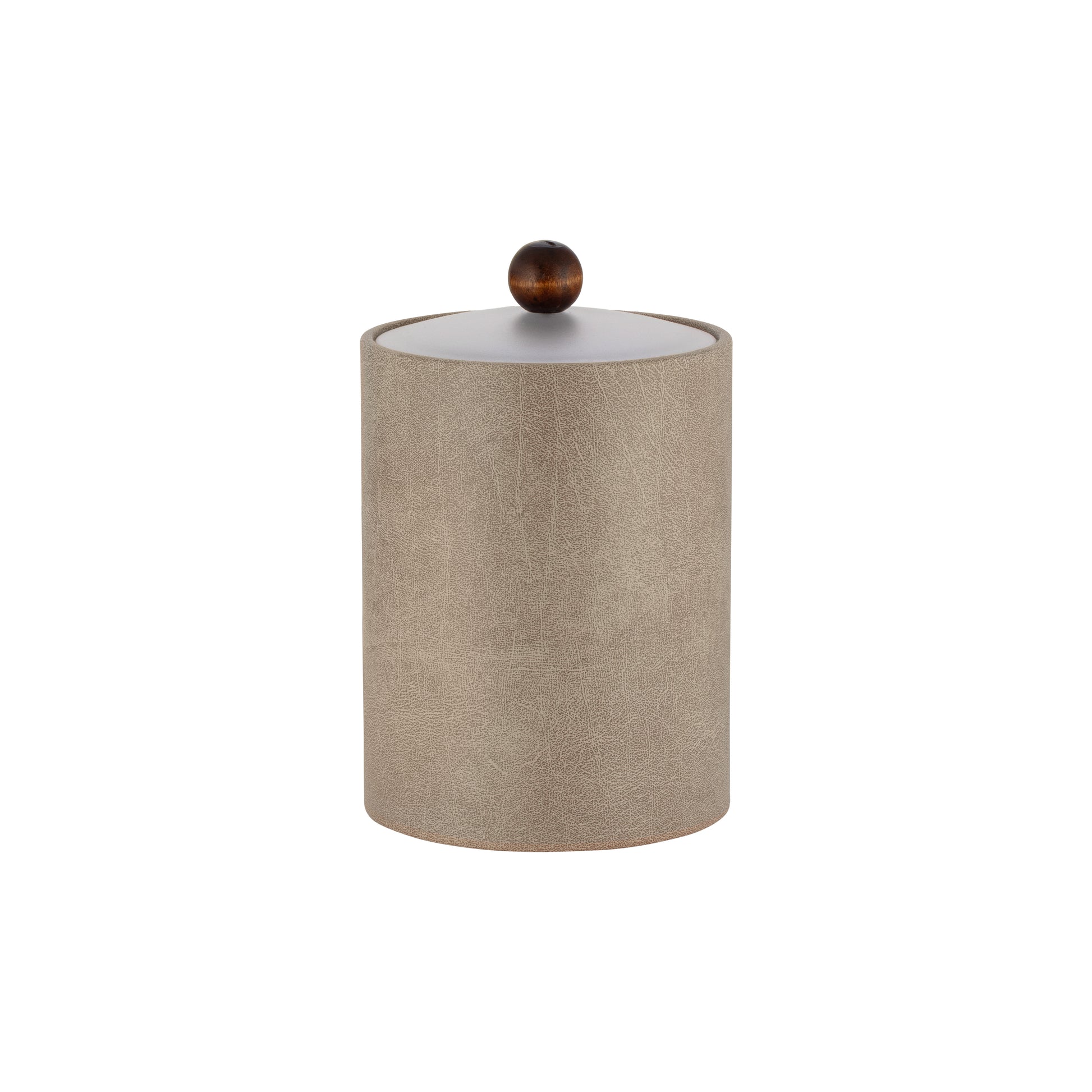 Taupe | Core Tall Leatherette Ice Bucket with acrylic cover and brown wood ball knob, perfect for upscale guestroom use.