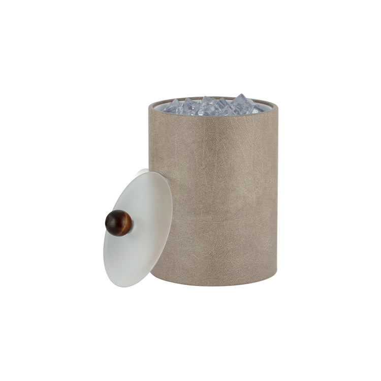 Taupe | Elegant Core Tall Leatherette Ice Bucket featuring an acrylic lid and brown wood ball knob for a refined look.