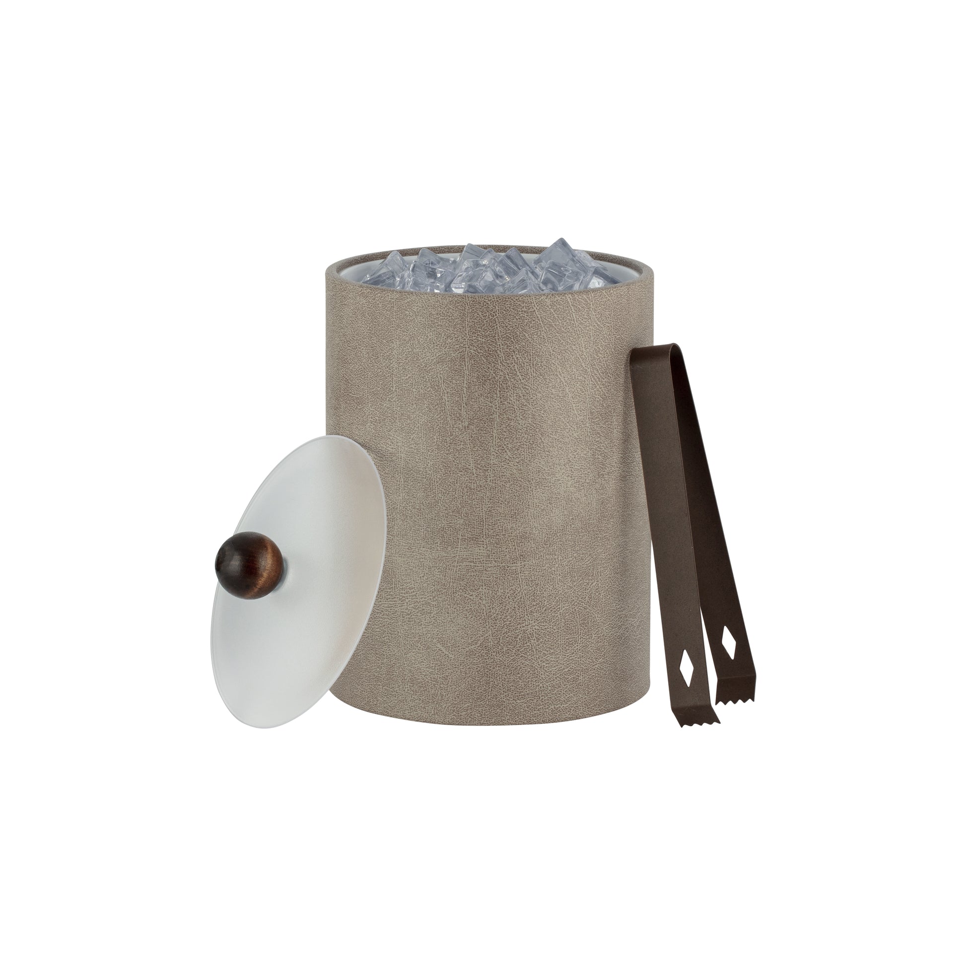 Taupe | Sleek Core Tall Leatherette Ice Bucket with a durable acrylic cover and brown wood ball knob, designed for hospitality spaces.