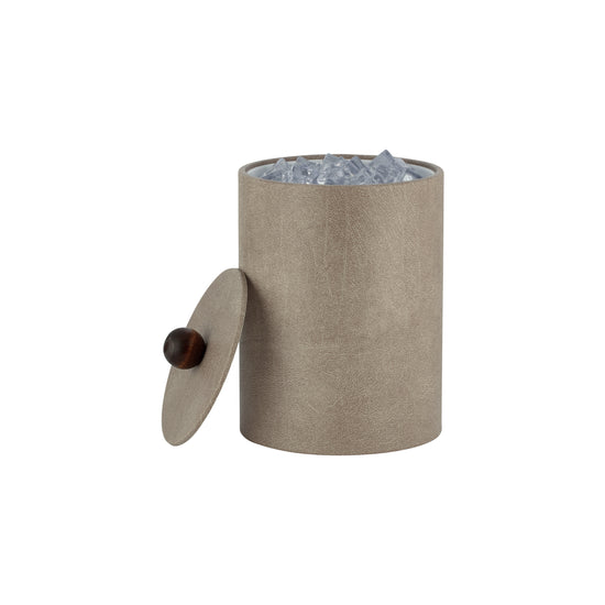 Taupe | Core Tall Leatherette Ice Bucket with material cover and brown wood ball knob, offering a stylish and functional design for hospitality use.