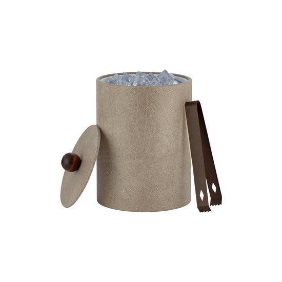 Taupe | Core Tall Leatherette Ice Bucket with material cover and brown wood ball knob, designed to complement elegant guestroom decor.