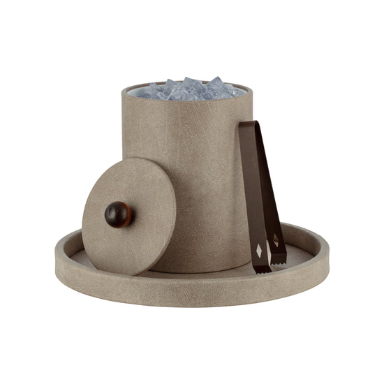 Taupe | Modern Core Tall Leatherette Ice Bucket with a material cover and brown wood ball knob, perfect for upscale hotel rooms.