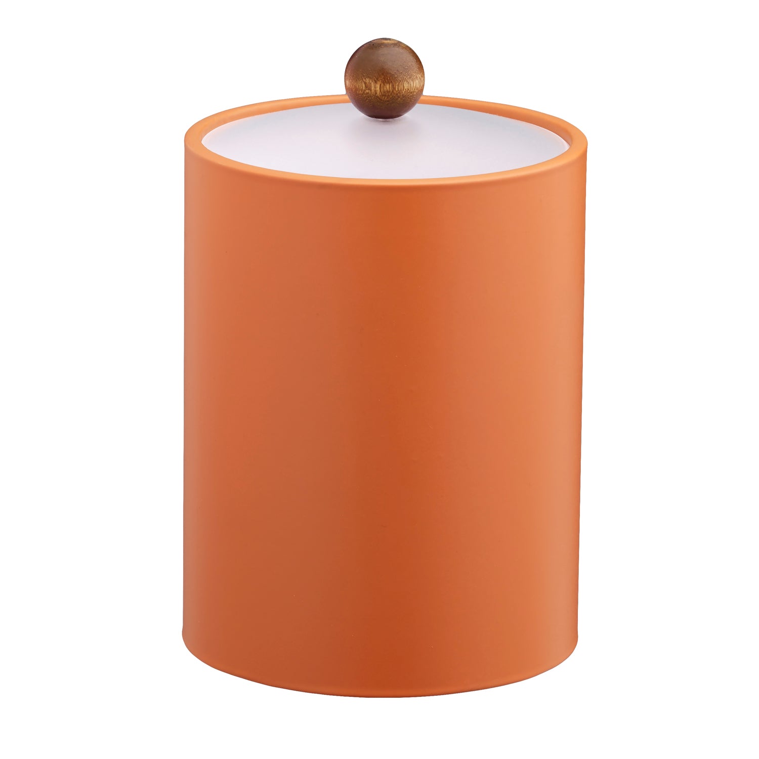 Spice Orange | Close-up of the Core Tall Leatherette Ice Bucket showcasing its brown wood ball knob and acrylic cover.