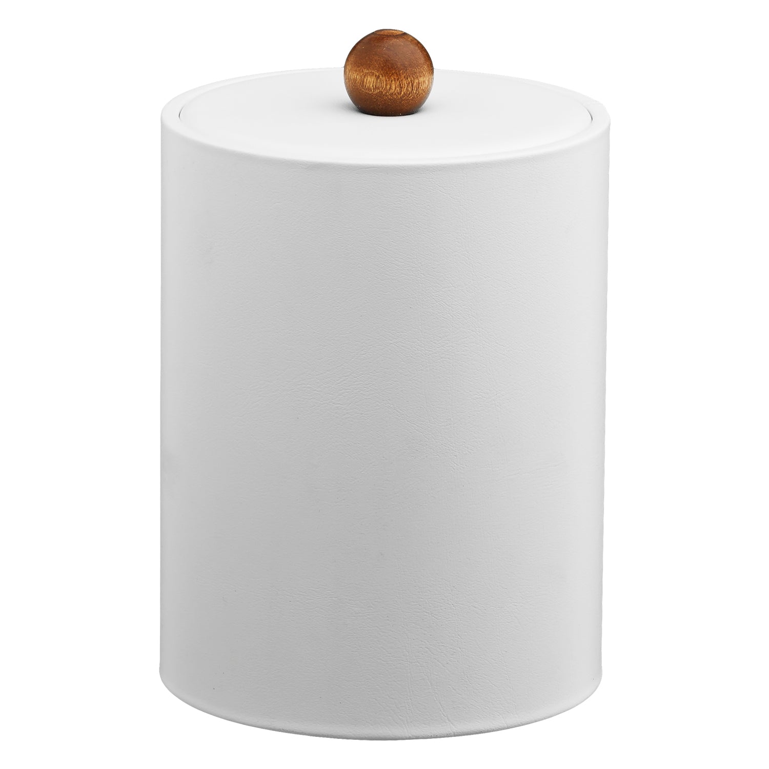 Ivory | Contemporary Core Tall leatherette ice bucket with a brown wood ball knob and soft material cover, designed for practicality and elegance.