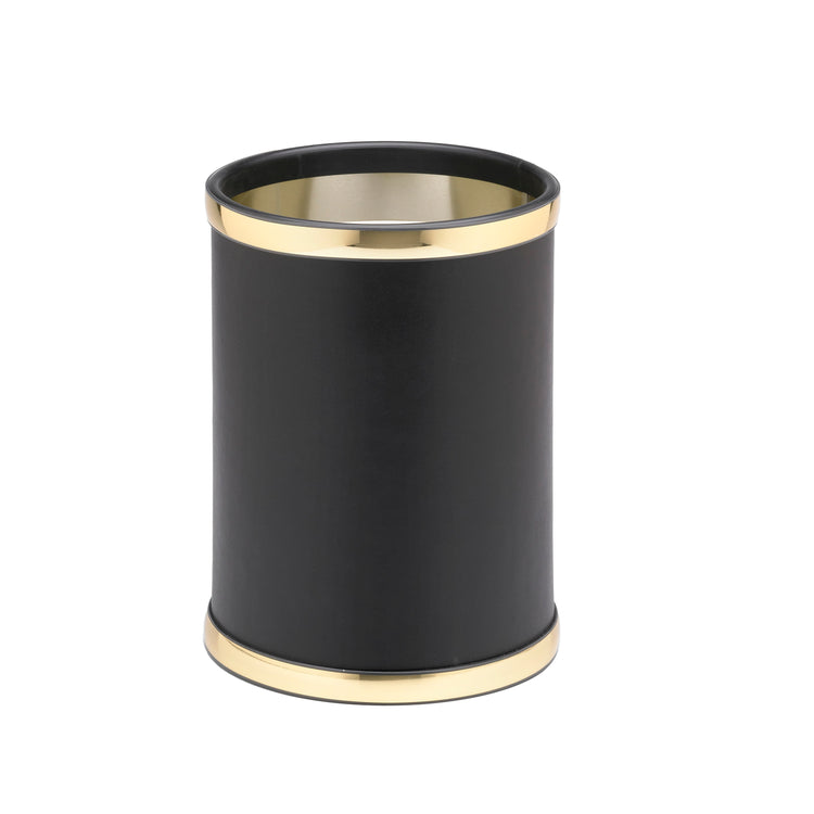 Black with Polished Gold | Stylish Sophisticates 8qt Round Wastebasket featuring a sleek design, perfect for keeping your space tidy while adding a modern touch to your decor.