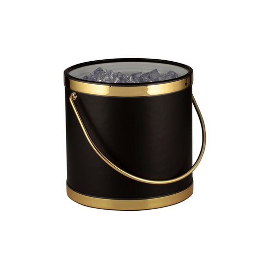 Black w/ Polished Gold | 3qt Sophisticates ice bucket featuring a polished metal cover, stylish accent bands, and a functional bale handle for easy carrying.