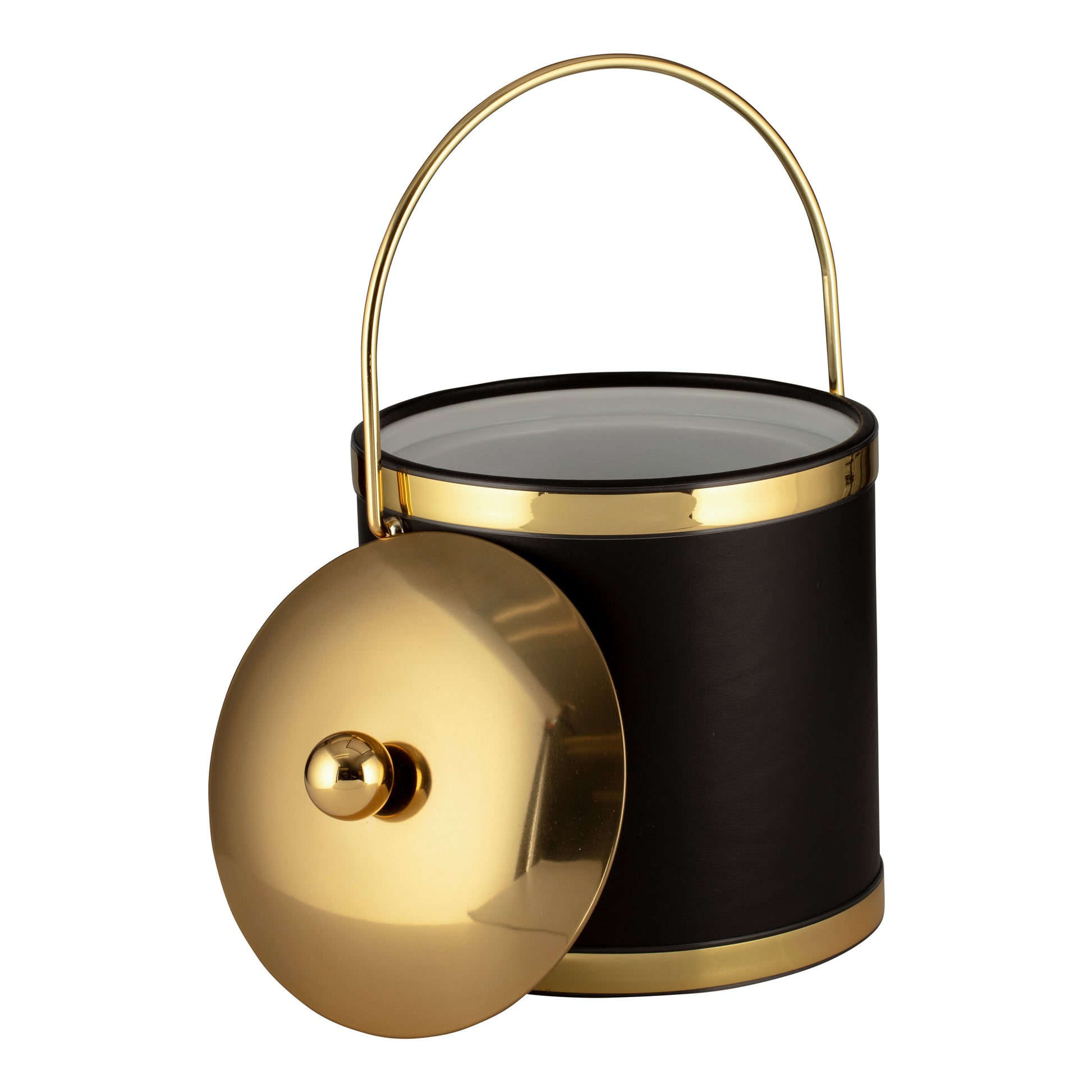 Black w/ Polished Gold | Sophisticates 3qt ice bucket with a contemporary design, complete with a metal cover, sleek bands, and a durable bale handle.