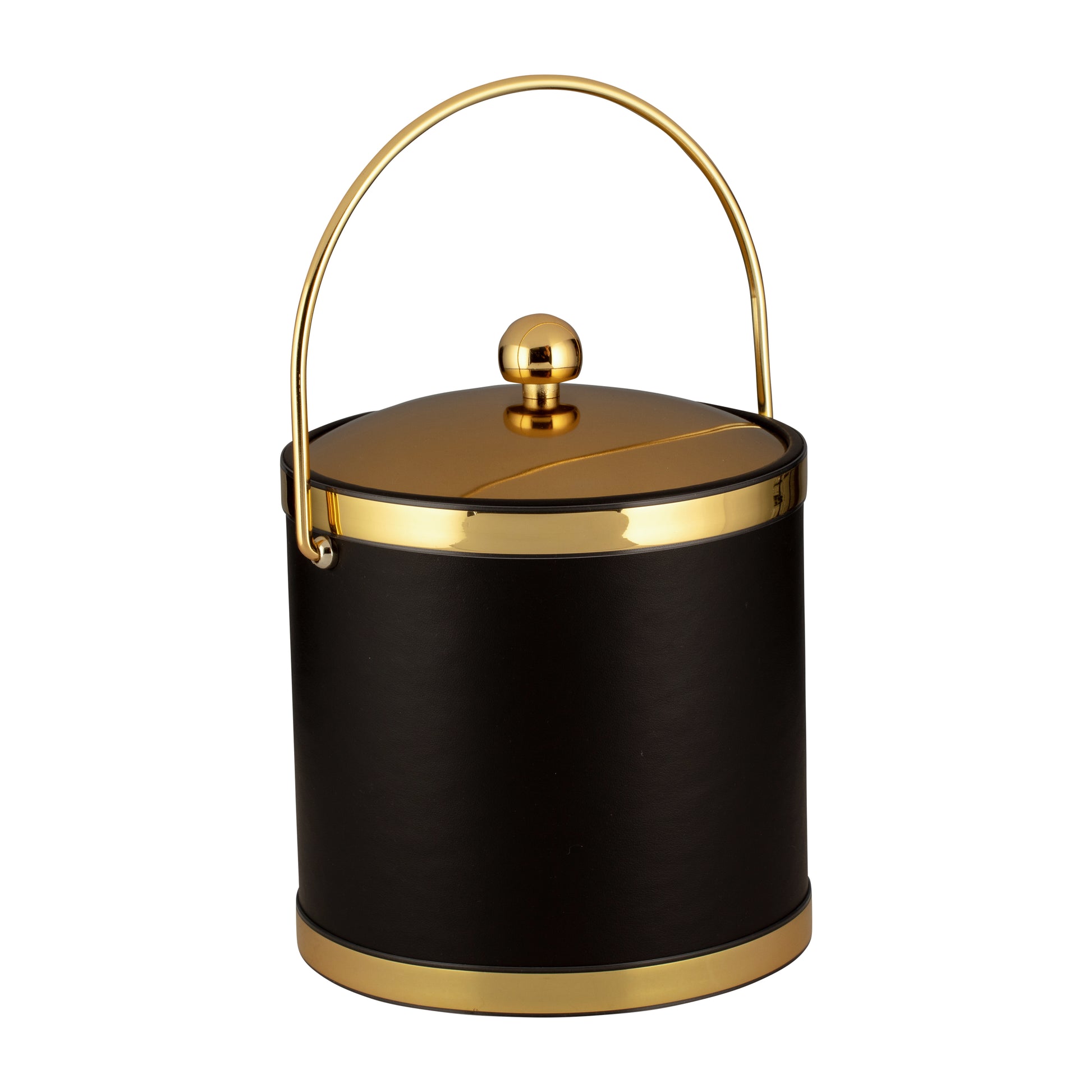 Black w/ Polished Gold | Sophisticates 3qt ice bucket with a sleek metal cover, decorative bands, and a sturdy bale handle, perfect for elegant hospitality settings.