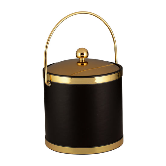 Black w/ Polished Gold | Sophisticates 3qt ice bucket with a sleek metal cover, decorative bands, and a sturdy bale handle, perfect for elegant hospitality settings.