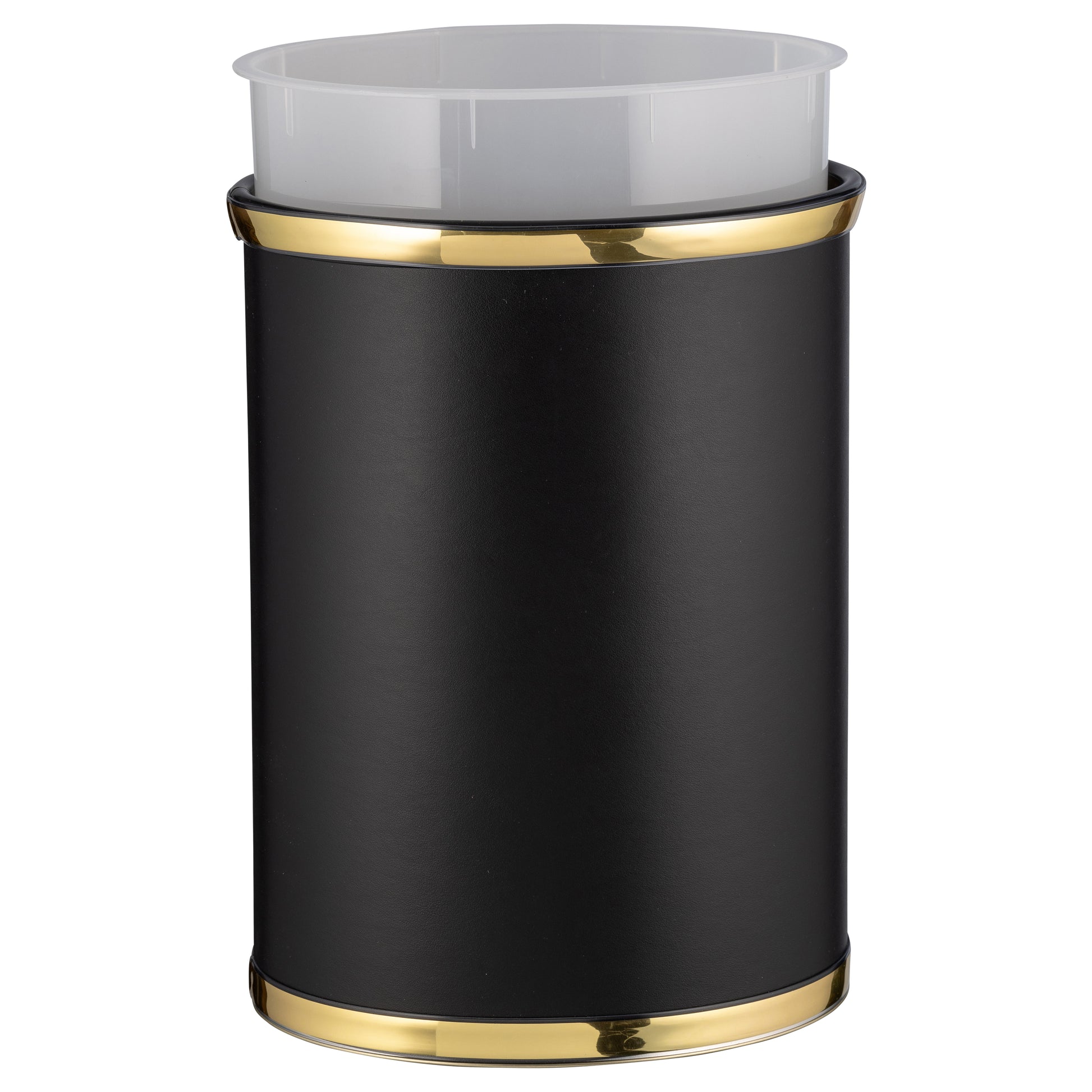 Black w/ Polished Gold | 13qt Sophisticates wastebasket designed with a contemporary aesthetic, ideal for guest rooms, offices, or luxury spaces.