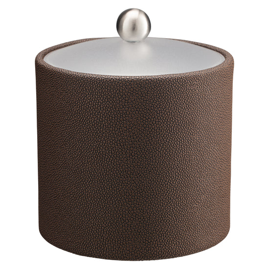 Chocolate | Chic Shagreen 2qt Ice Bucket with a clear acrylic lid and brushed stainless ball knob, designed for keeping ice fresh while enhancing your bar setup.