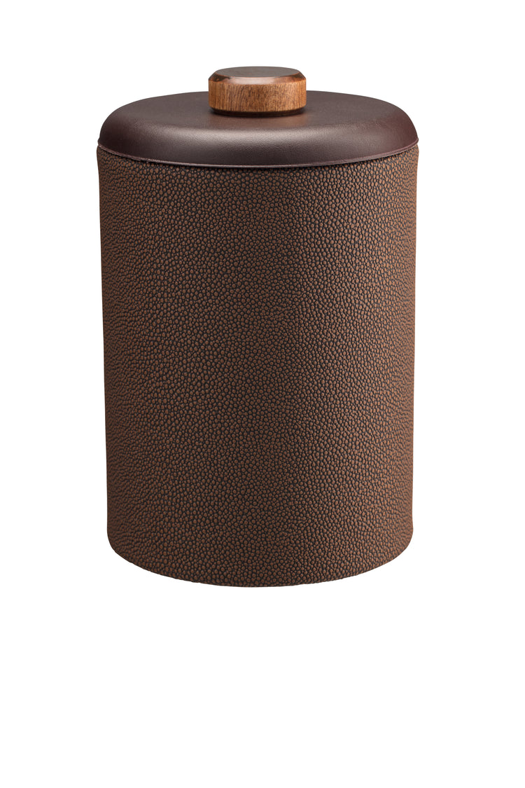 Chocolate | Chic Shagreen Tall Ice Bucket with a unique dome material cover and brown wood disk, designed for keeping ice cold while enhancing your decor.