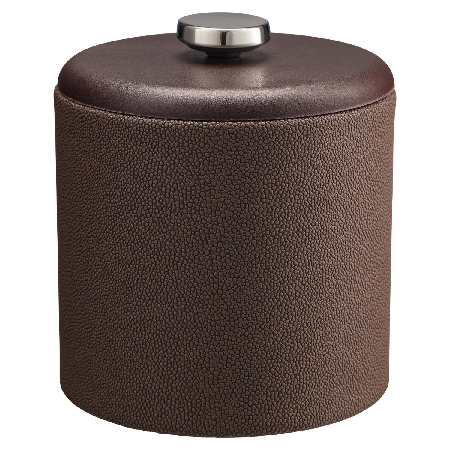 Chocolate | Chic Shagreen 2qt Ice Bucket with a modern dome material cover and stainless disk, designed for keeping ice fresh while enhancing your bar decor.