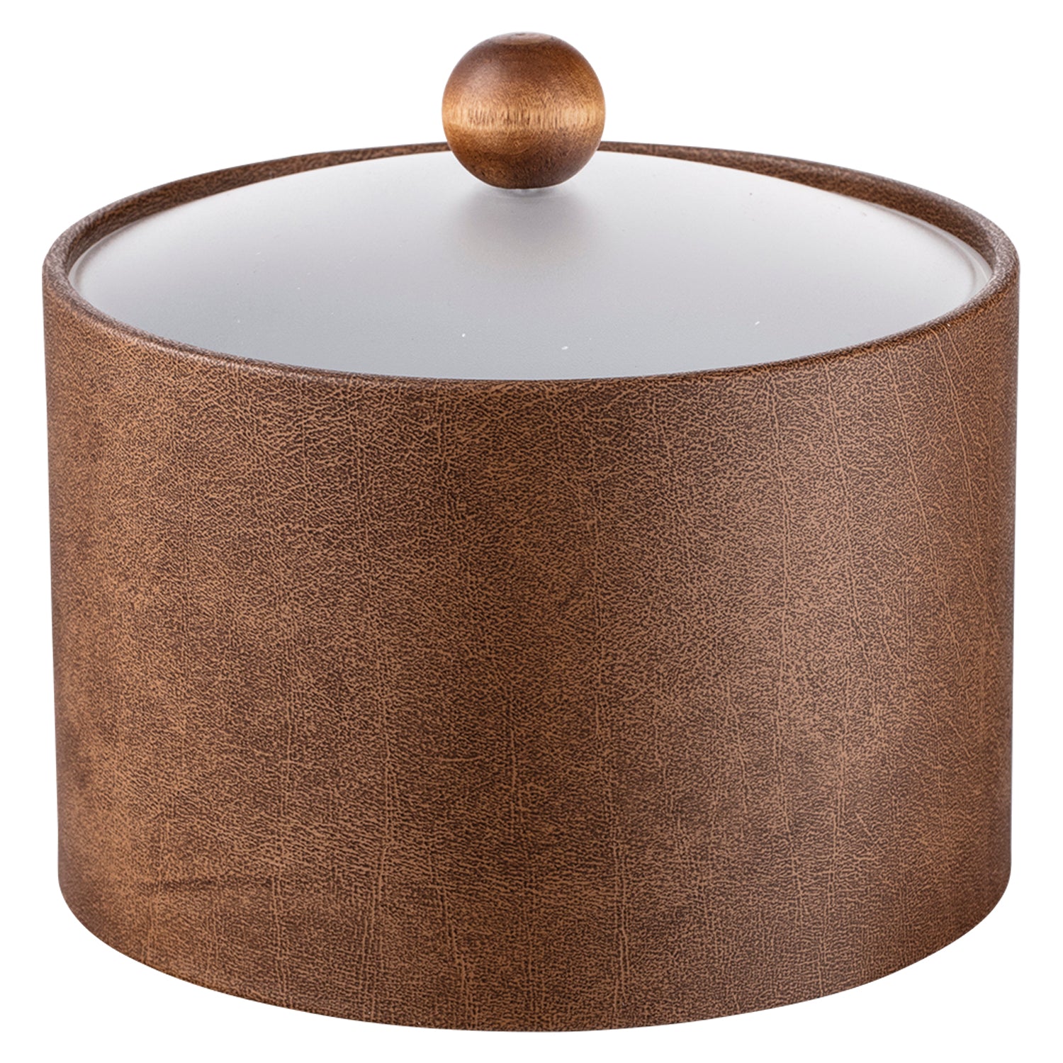 Walnut | Elegant Core Mesa leatherette ice bucket featuring an acrylic cover and brown wood ball knob, perfect for upscale hospitality settings.