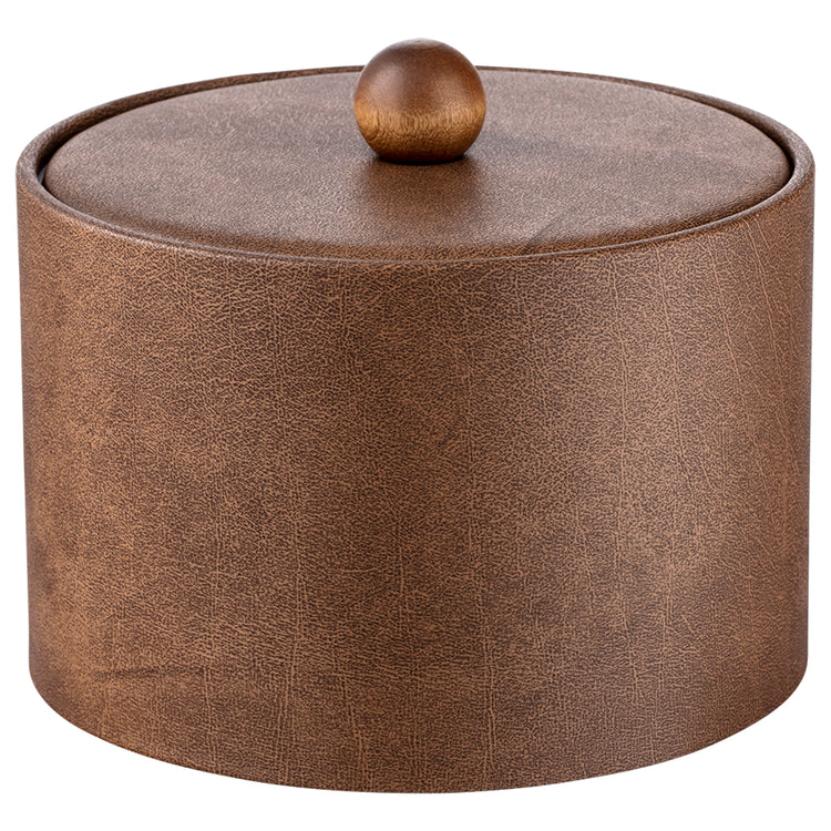 Walnut | Elegant Core Mesa leatherette ice bucket with a material cover and brown wood ball knob, perfect for enhancing hospitality settings.