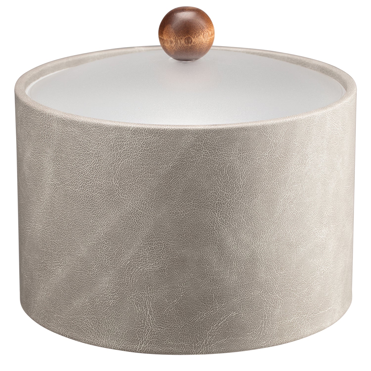 Slate Gray | Chic 3-quart leatherette ice bucket from the Core Mesa collection, complete with an acrylic cover and brown wood ball knob.