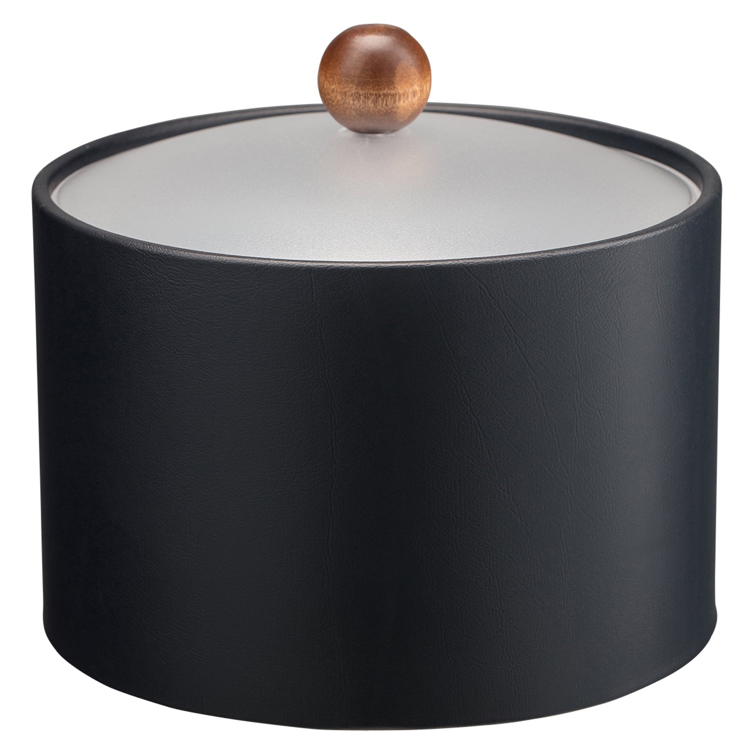 Designer Black | Modern Core Mesa leatherette ice bucket with an elegant acrylic cover and brown wood ball knob, ideal for luxury hotels.