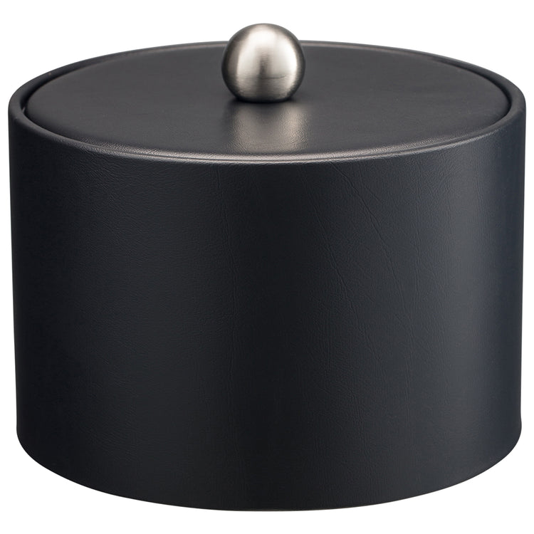 Designer Black | Chic 3-quart leatherette ice bucket from the Core Mesa collection, complete with a material cover and brushed stainless ball knob.