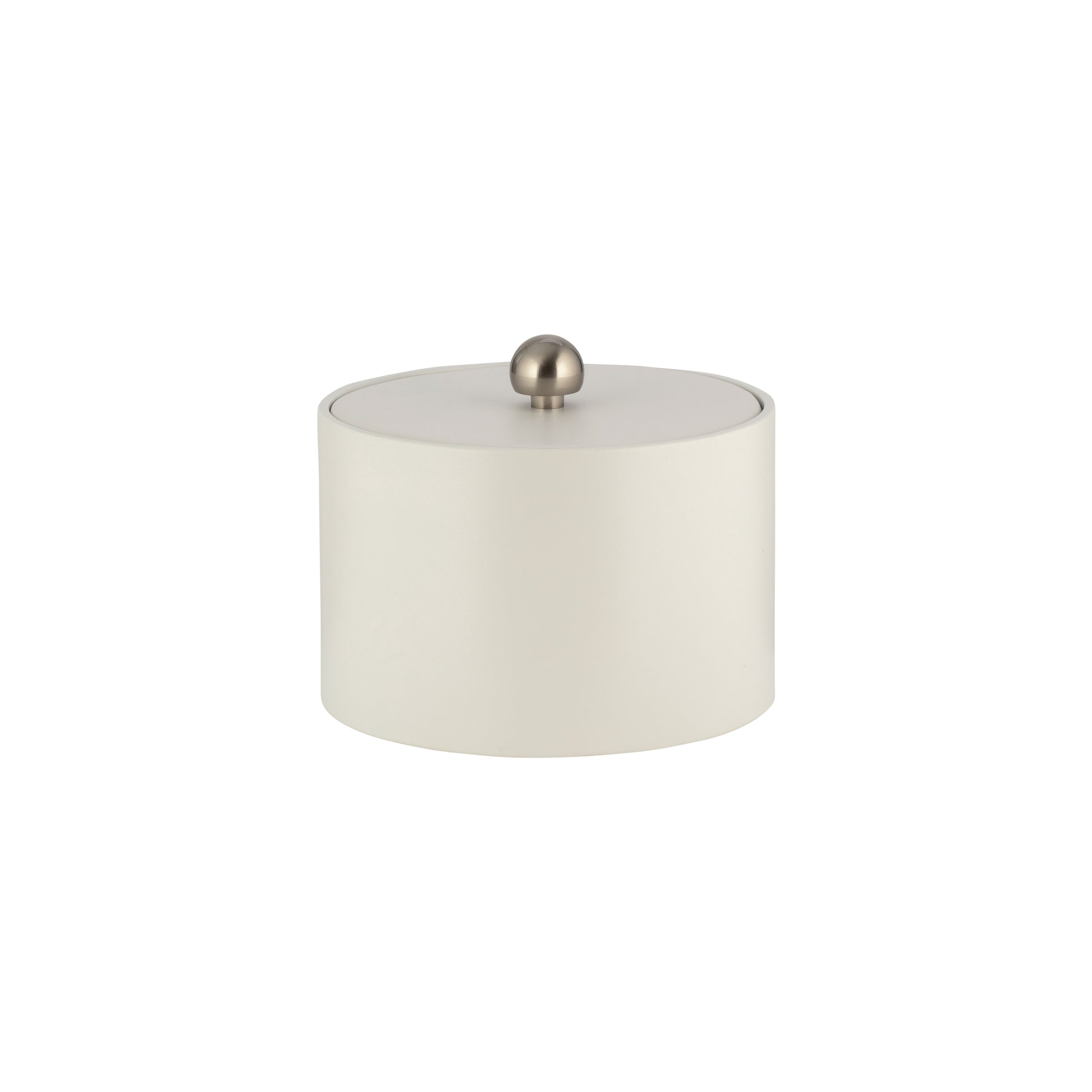 French White | Core Mesa Leatherette Ice Bucket with a matching material cover and brushed stainless ball knob, designed for stylish and functional hotel guest rooms.