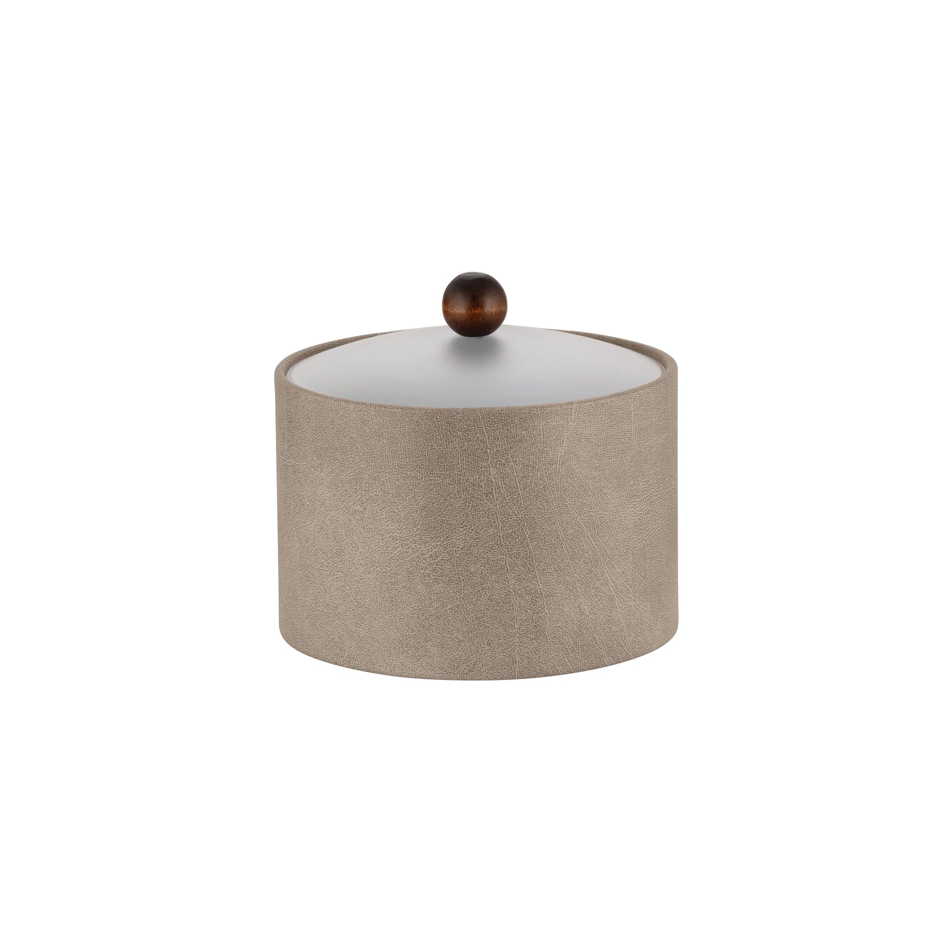 Taupe | Elegant Core Mesa Leatherette Ice Bucket featuring a clear acrylic lid and brown wood ball knob, designed for upscale interiors.