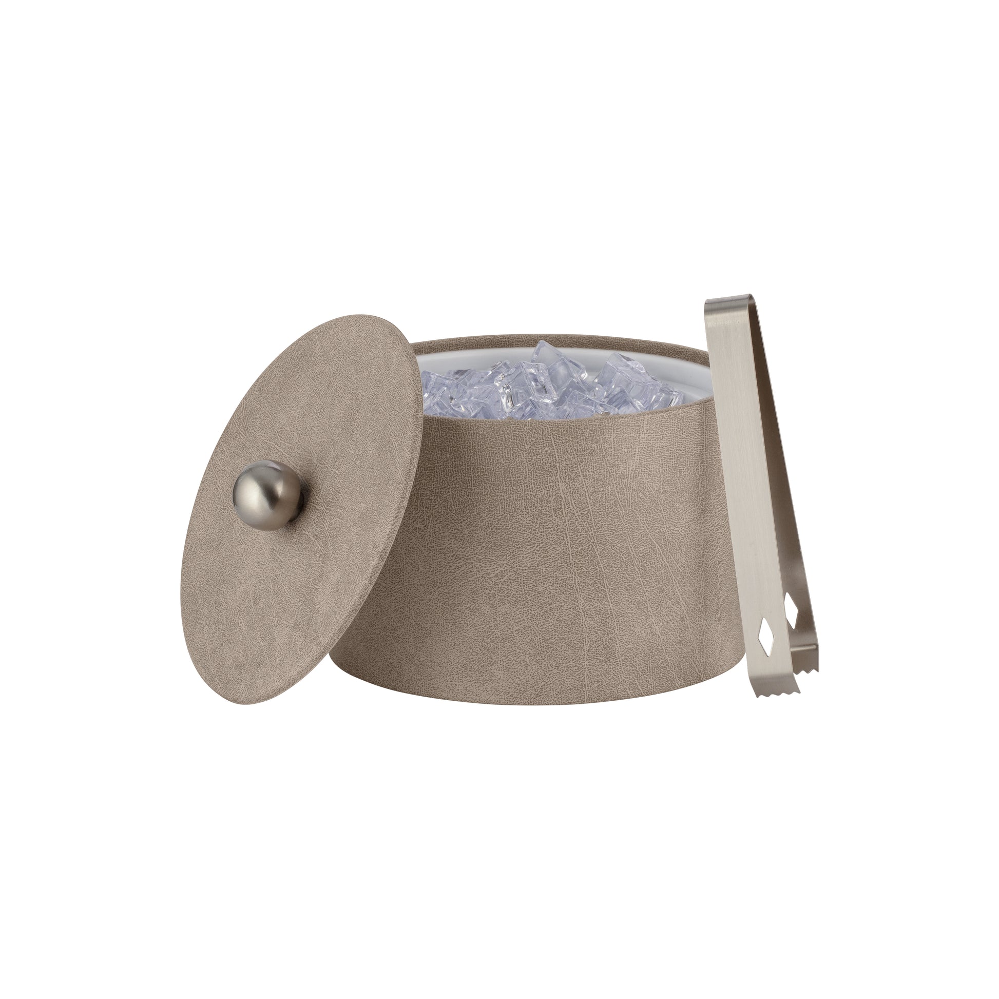 Taupe | Luxury Core Mesa Ice Bucket, wrapped in high-quality leatherette with a coordinating material cover and brushed stainless ball knob, perfect for refined hotel décor.