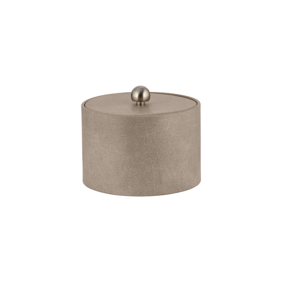 Taupe | Core Mesa Leatherette Ice Bucket with a matching material cover and brushed stainless ball knob, designed for elegant hotel guest room service.