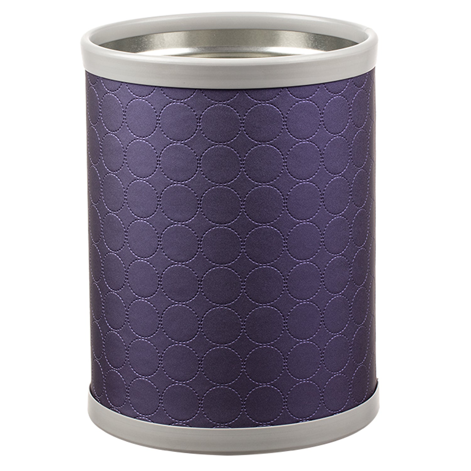 Acai | Trendy Mad Men 8qt Plus round metal wastebasket with a modern design, perfect for stylish waste disposal in any environment.