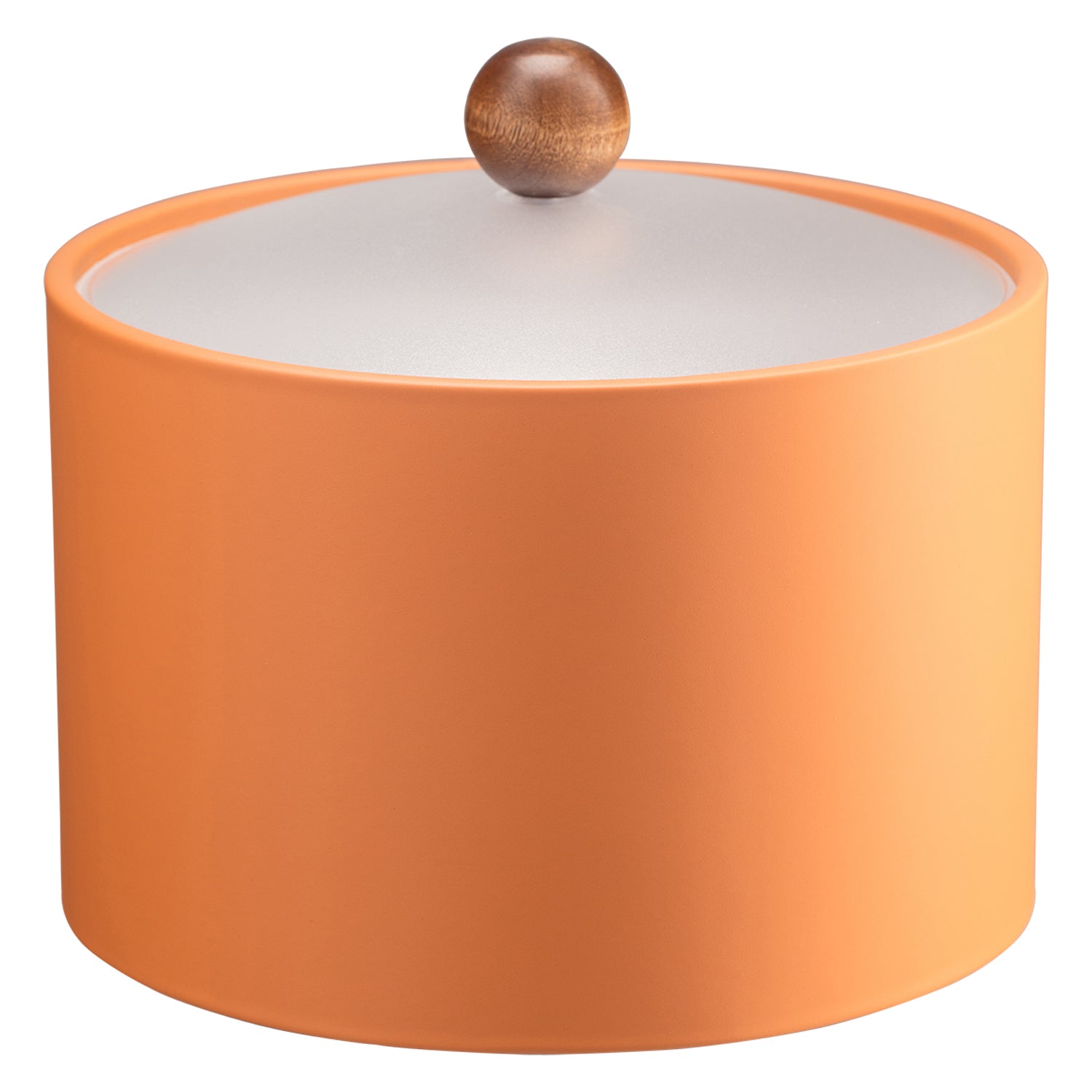 Spice Orange | Contemporary Core Mesa leatherette ice bucket with a brown wood ball knob and clear acrylic cover, perfect for enhancing guest experiences.